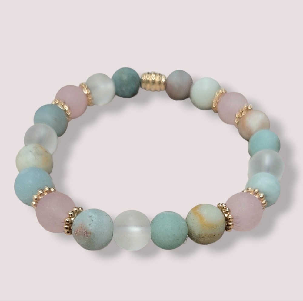 New Handmade Elastic Gemstone Bracelet with Gold & Pastel Colors